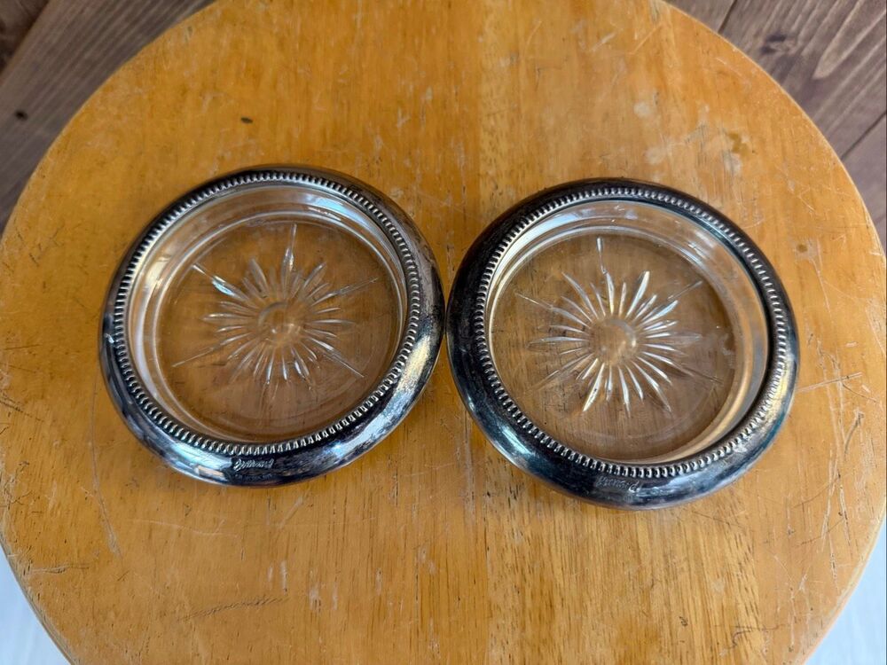 Leonard Silverplate Crystal Glass Coasters Set of 2 Starburst Beaded Rim (9255)